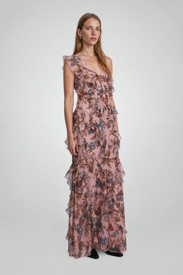 Mikael Aghal Pink Floral One-Shoulder Ruffle Gown