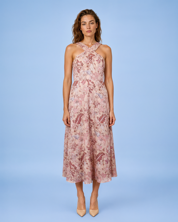 Mikael Aghal Cross Halter Floral Midi Dress