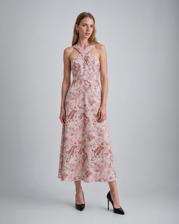 Mikael Aghal Cross Halter Floral Midi Dress