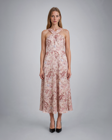 Mikael Aghal Cross Halter Floral Midi Dress