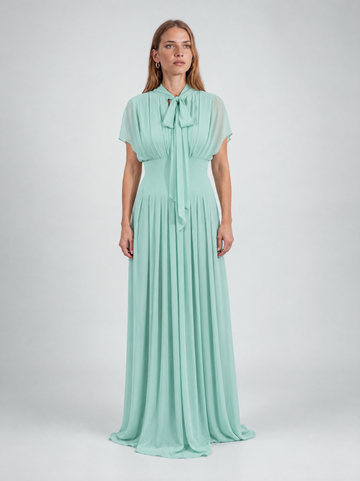 Mikael Aghal Pleated Pussy-Bow Chiffon Gown in Mint Green