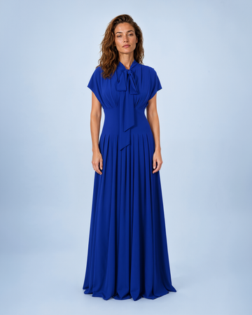 Mikael Aghal Tie-Neck Pleated Royal Blue Gown