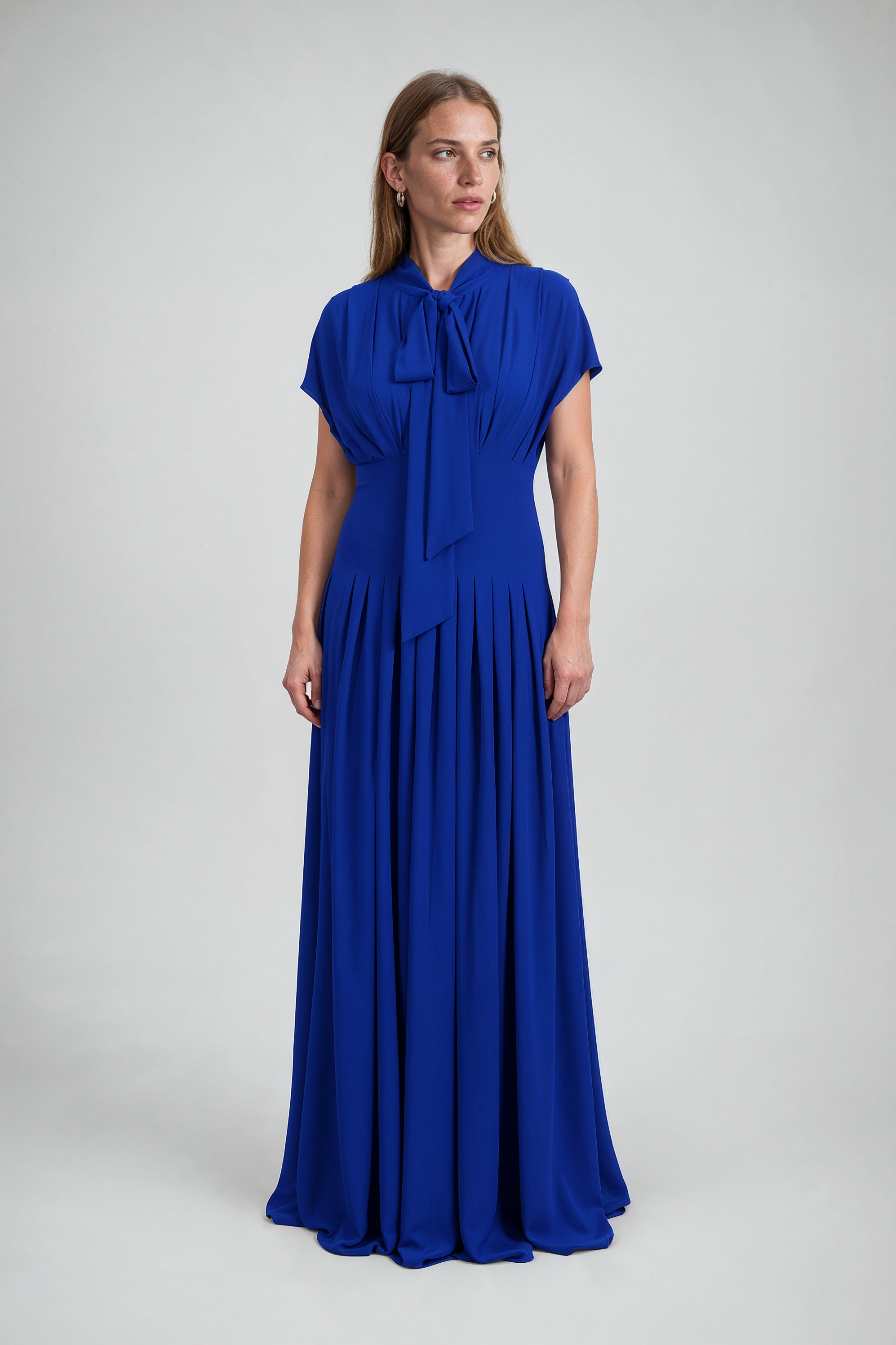 Tie-Neck Pleated Royal Blue Gown