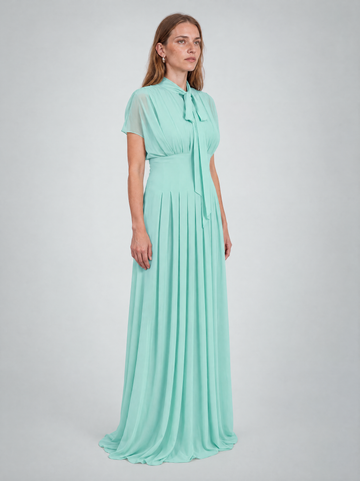 Mikael Aghal Pleated Pussy-Bow Chiffon Gown in Mint Green