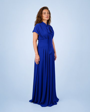 Mikael Aghal Tie-Neck Pleated Royal Blue Gown