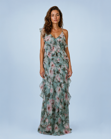 Mikael Aghal Asymmetric Ruffle Chiffon Gown in Sage Floral