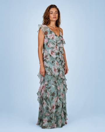 Mikael Aghal Asymmetric Ruffle Chiffon Gown in Sage Floral