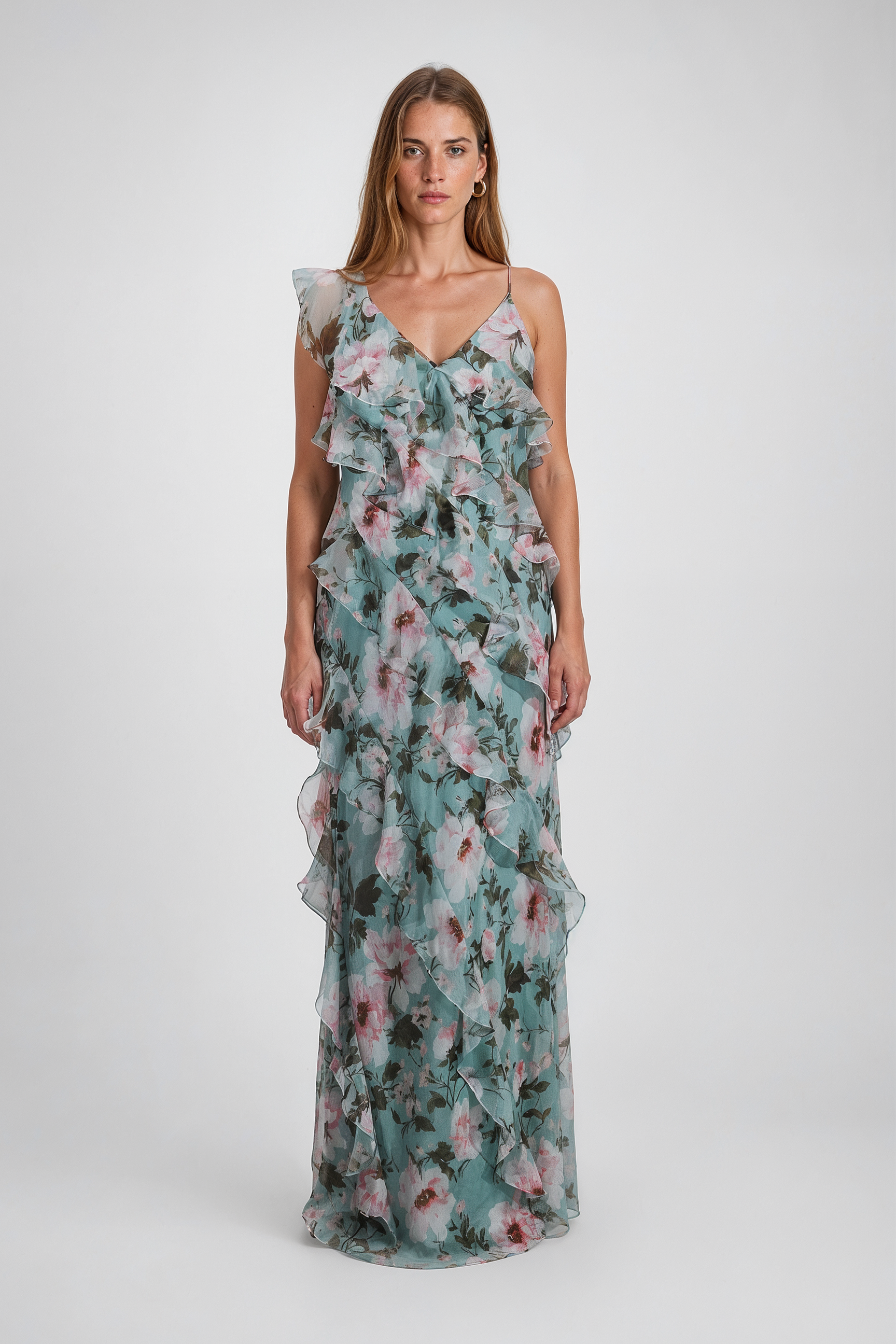 Asymmetric Ruffle Chiffon Gown in Sage Floral