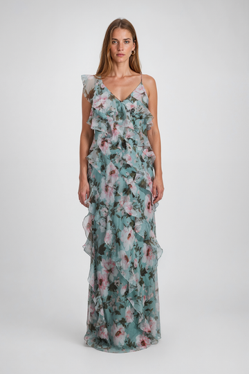 Mikael Aghal Asymmetric Ruffle Gown in Sage Floral