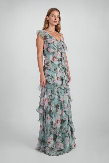 Mikael Aghal Asymmetric Ruffle Gown in Sage Floral