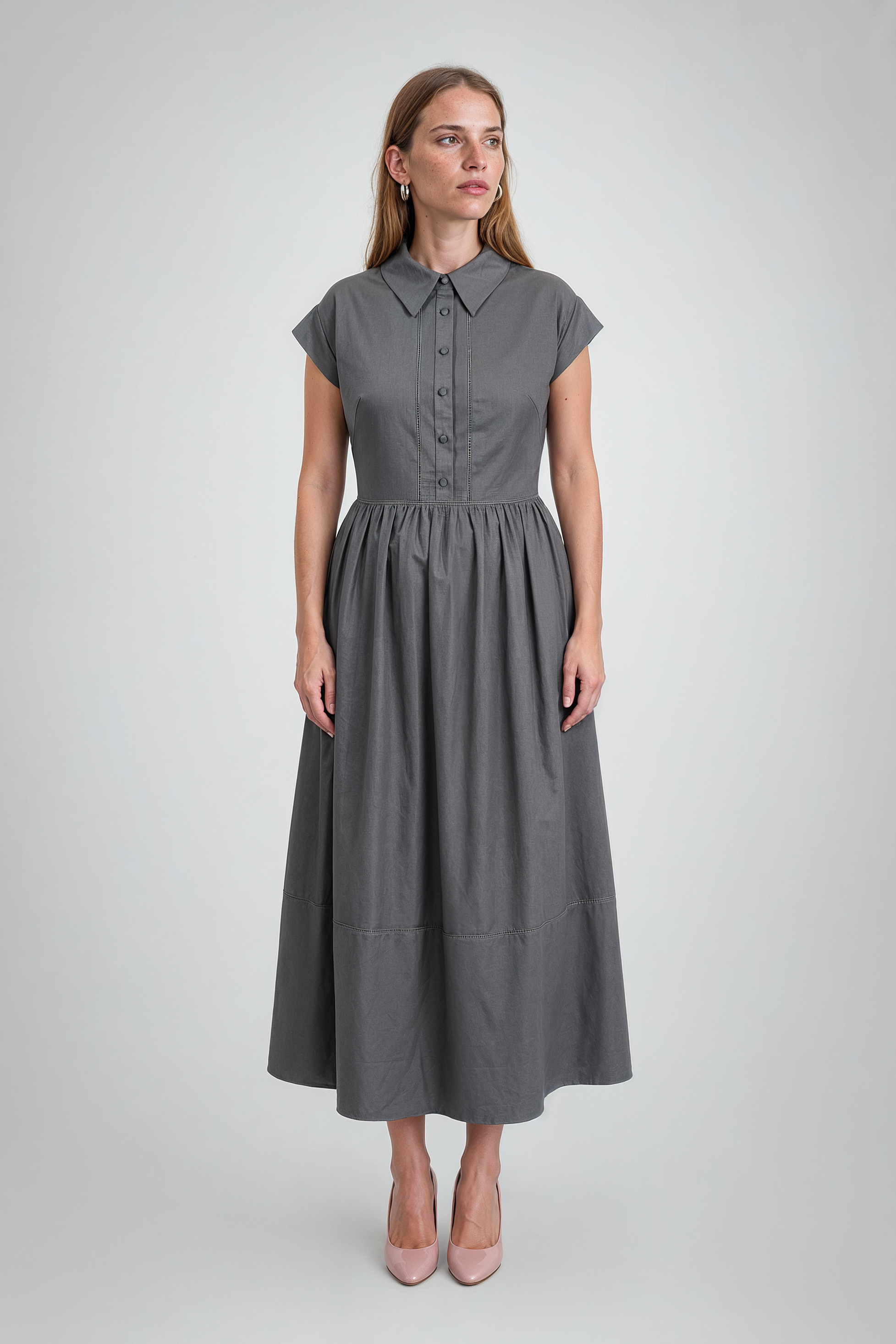 Charcoal Collared A-Line Midi Shirt Dress