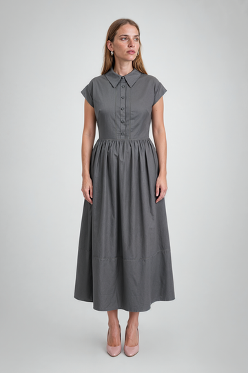 Mikael Aghal Charcoal Collared A-Line Midi Shirt Dress