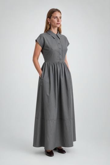 Mikael Aghal Charcoal Collared A-Line Midi Shirt Dress