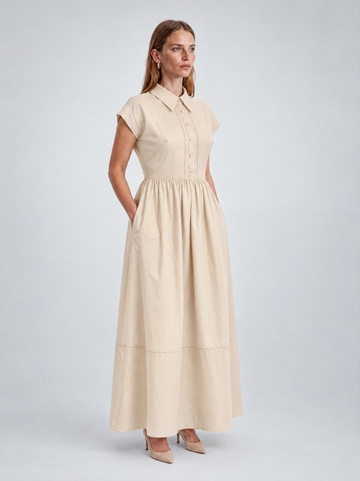 Mikael Aghal Short-Sleeve Cotton Shirtdress Midi Dress in Beige