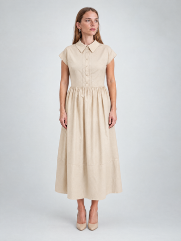 Mikael Aghal Short-Sleeve Cotton Shirtdress Midi Dress in Beige