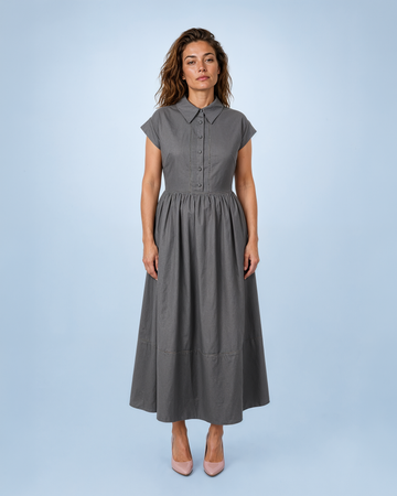 Mikael Aghal Charcoal Collared A-Line Midi Shirt Dress