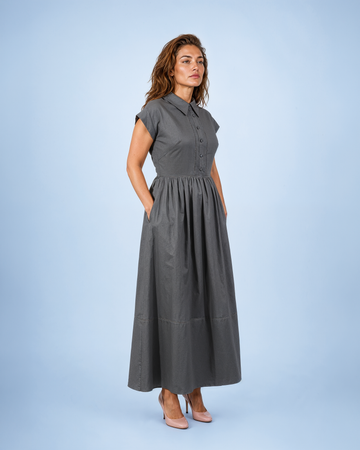 Mikael Aghal Charcoal Collared A-Line Midi Shirt Dress