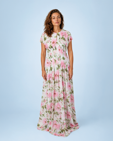 Mikael Aghal Floral Chiffon Pleated Maxi Gown
