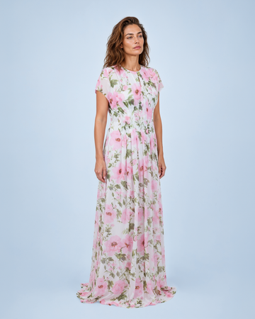 Mikael Aghal Floral Chiffon Pleated Maxi Gown