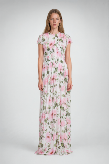 Mikael Aghal Floral Pleated Maxi Gown