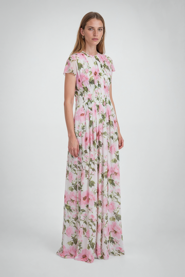 Mikael Aghal Floral Pleated Maxi Gown