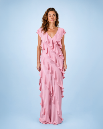 Mikael Aghal Tiered Ruffle V-Neck Evening Gown in Pink