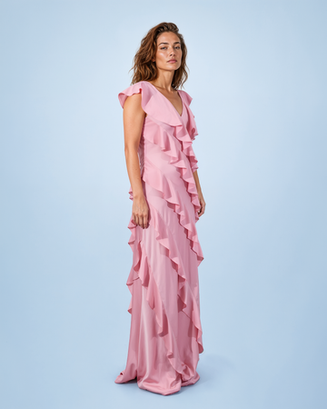 Mikael Aghal Tiered Ruffle V-Neck Evening Gown in Pink