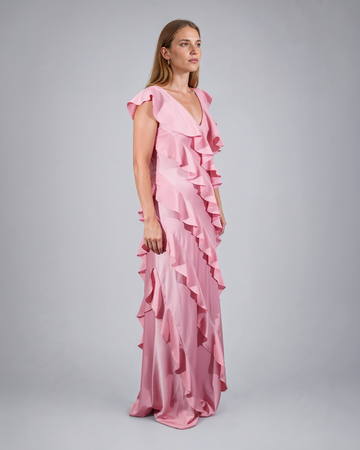 Mikael Aghal Tiered Ruffle V-Neck Evening Gown in Pink