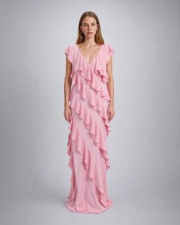 Mikael Aghal Tiered Ruffle V-Neck Evening Gown in Pink