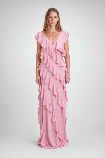 Mikael Aghal Tiered Ruffle V-Neck Evening Gown in Pink