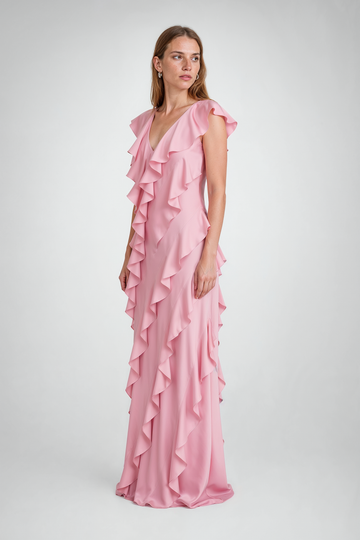 Mikael Aghal Tiered Ruffle V-Neck Evening Gown in Pink