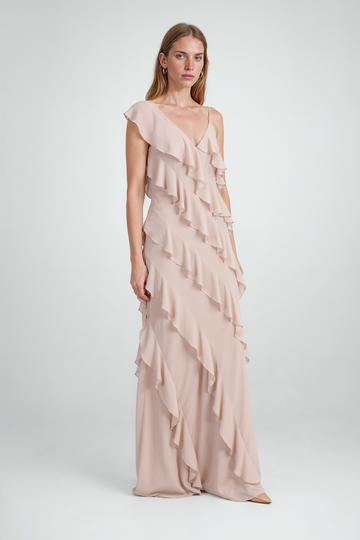 Mikael Aghal Blush Cascading Ruffle Asymmetric Maxi Gown