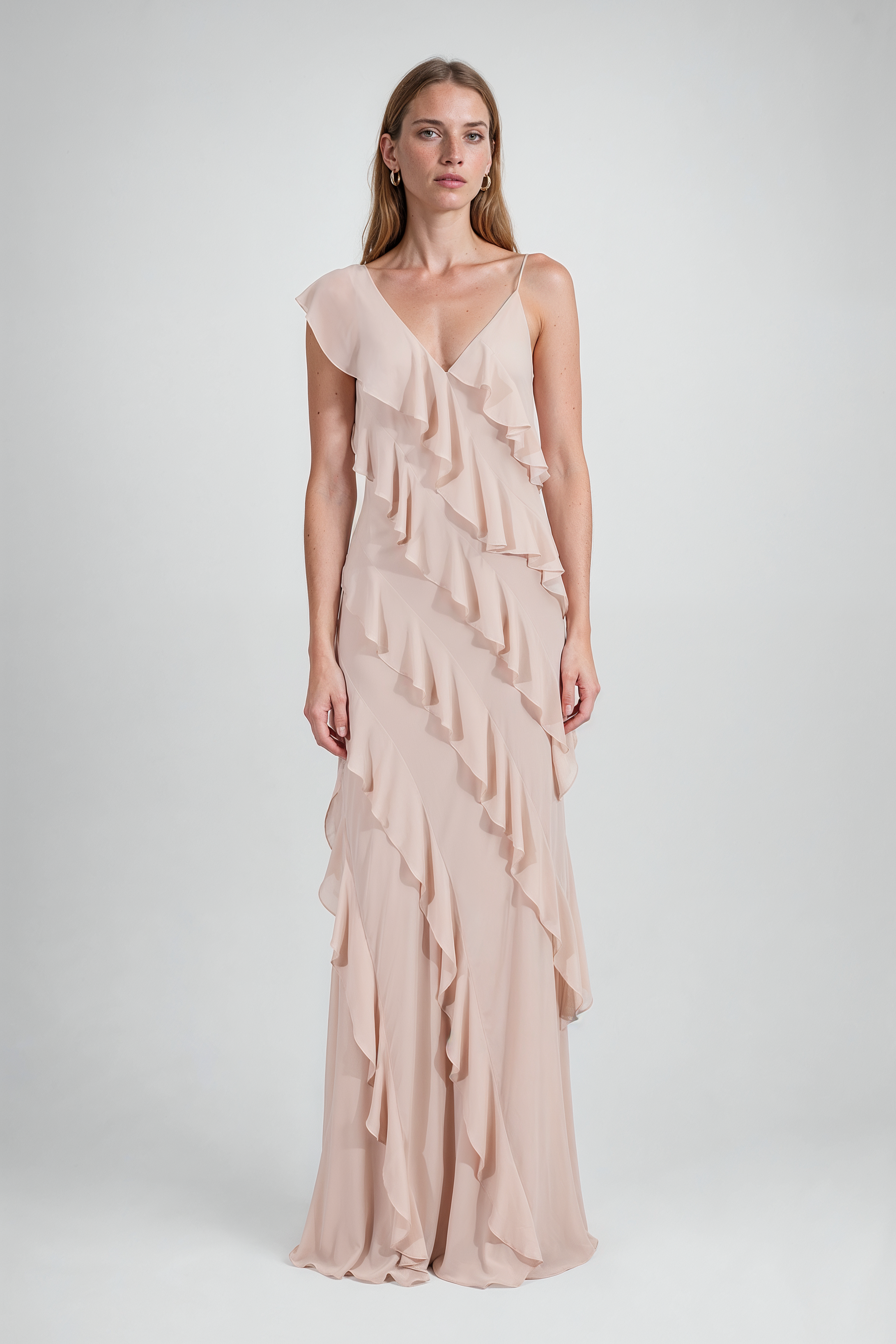 Blush Pink Cascading Ruffle Asymmetric Maxi Gown