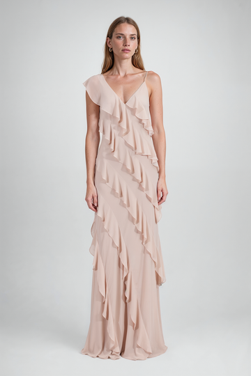 Mikael Aghal Blush Cascading Ruffle Asymmetric Maxi Gown