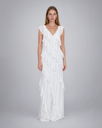 Mikael Aghal White Cascading Ruffle V-Neck Maxi Gown