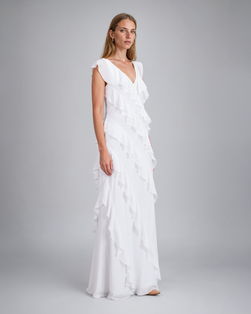 Mikael Aghal White Cascading Ruffle V-Neck Maxi Gown