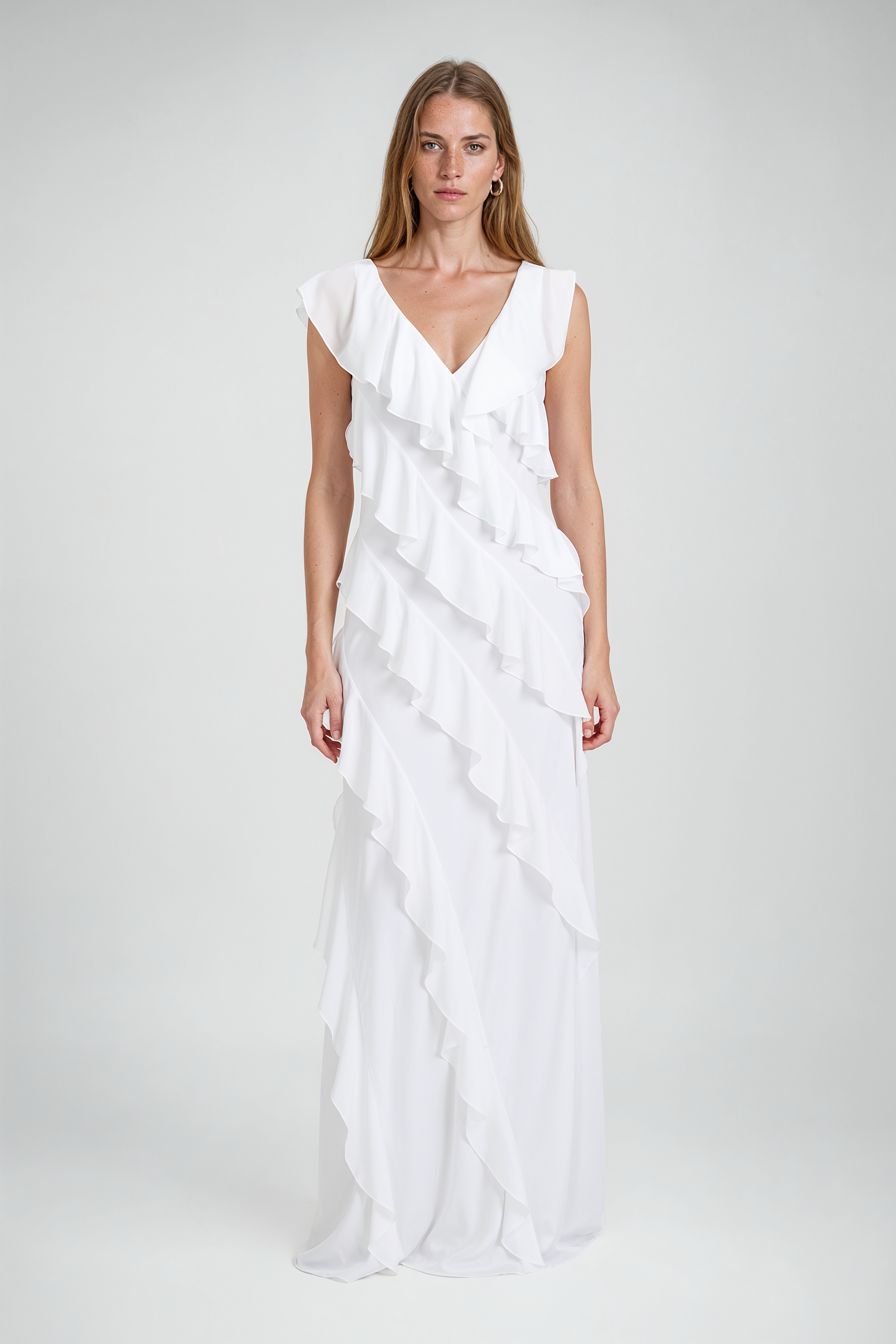 White Cascading Ruffle V-Neck Maxi Gown