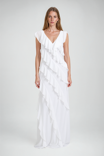 Mikael Aghal White Cascading Ruffle V-Neck Maxi Gown