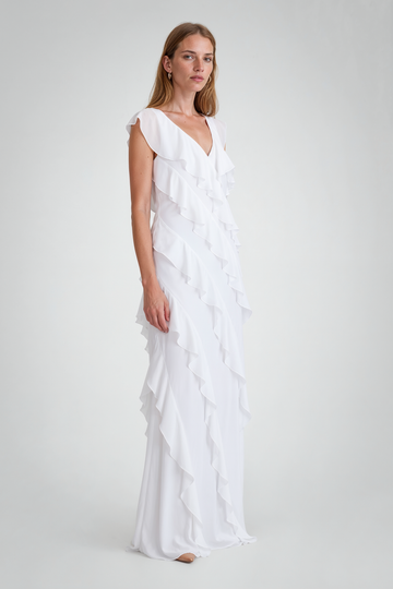 Mikael Aghal White Cascading Ruffle V-Neck Maxi Gown