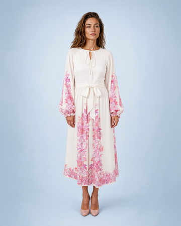 Mikael Aghal Long Sleeve Floral Printed Midi Dress