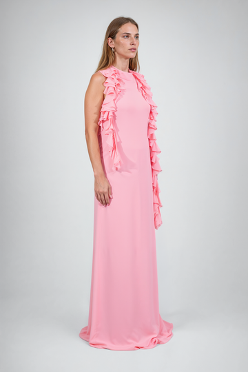 Mikael Aghal Ruffle Halter Maxi Gown