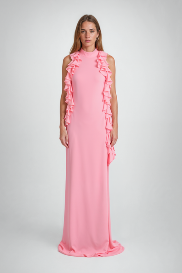 Mikael Aghal Ruffle Halter Maxi Gown