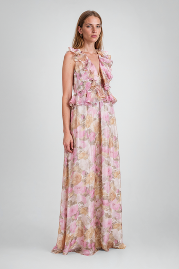Mikael Aghal Pink & Gold Floral Maxi Gown