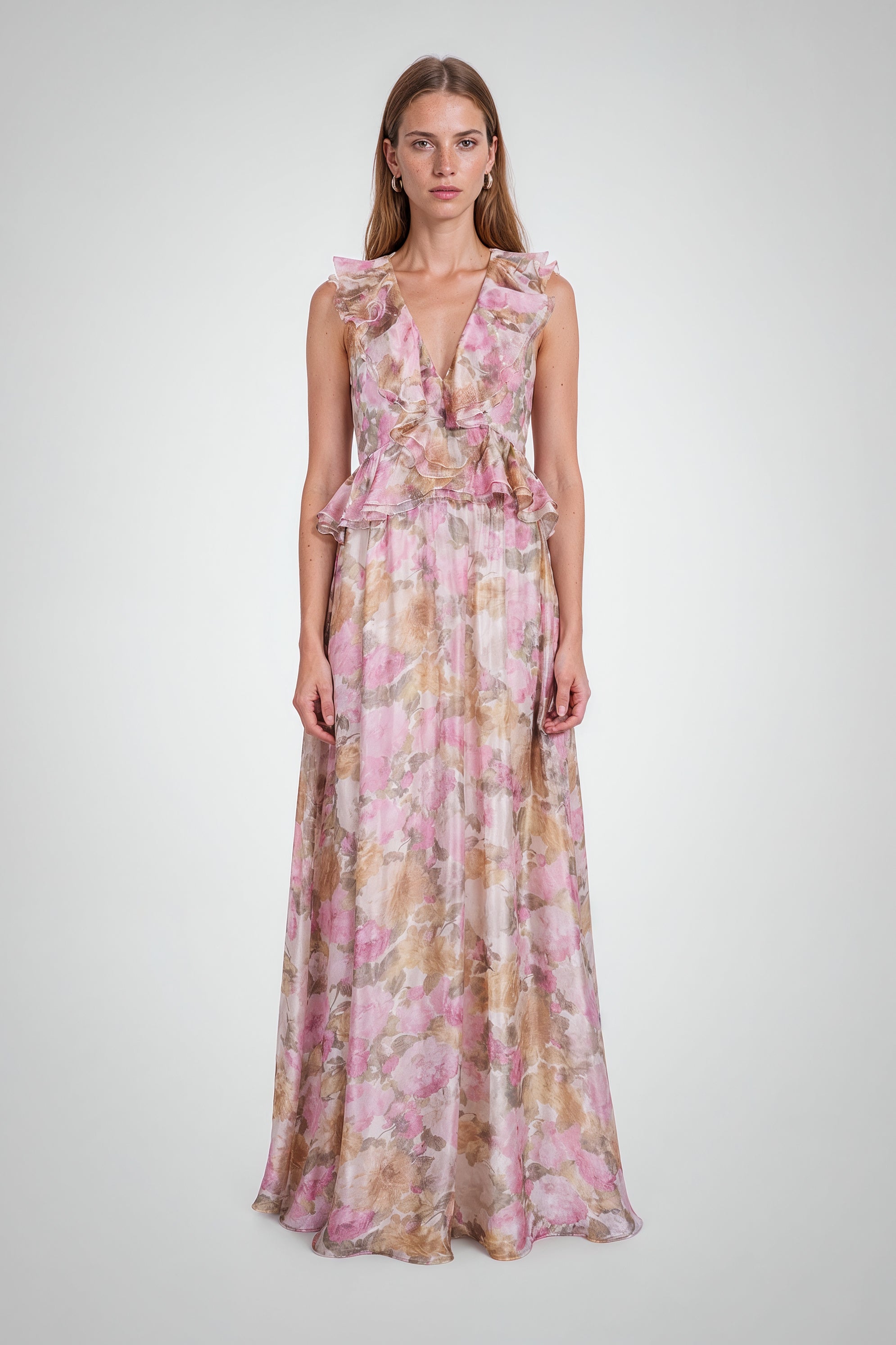 Pink & Gold Floral Chiffon Peplum Maxi Gown
