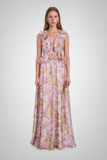 Mikael Aghal Pink & Gold Floral Maxi Gown