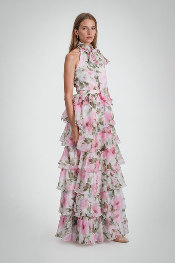 Mikael Aghal Pink Floral Tiered Halter Maxi Gown