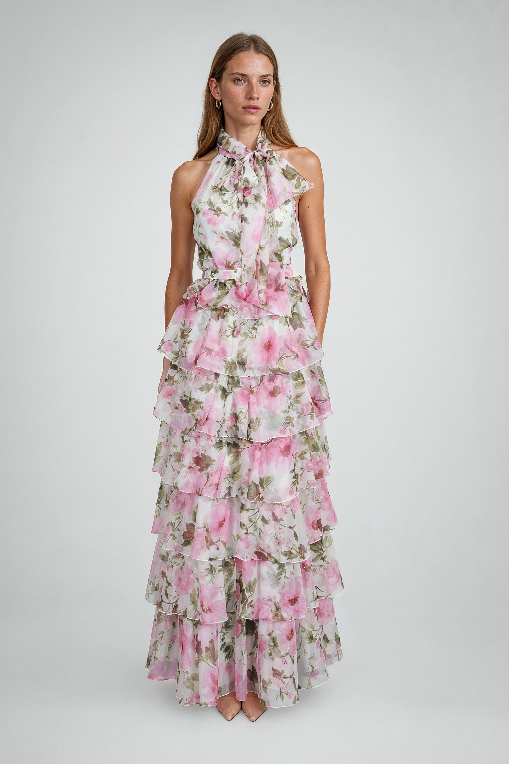 Pink Floral Chiffon Tiered Halter Maxi Gown