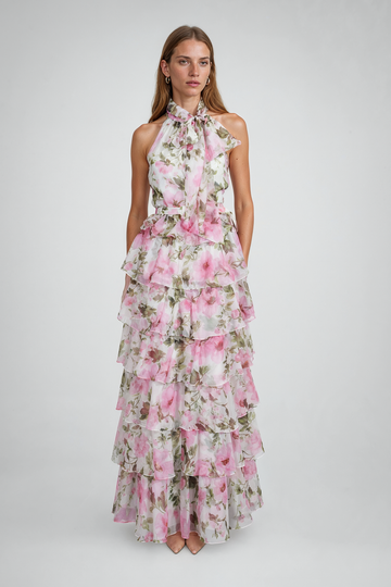 Mikael Aghal Pink Floral Tiered Halter Maxi Gown