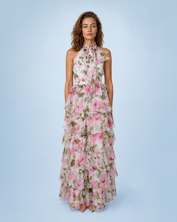 Mikael Aghal Pink Floral Chiffon Tiered Halter Maxi Gown