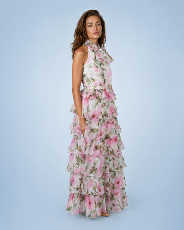 Mikael Aghal Pink Floral Chiffon Tiered Halter Maxi Gown
